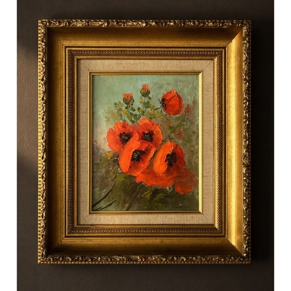 Vivian Love Oil Painting Red Poppies Floral Impasto Texas Art Framed Matted Vtg